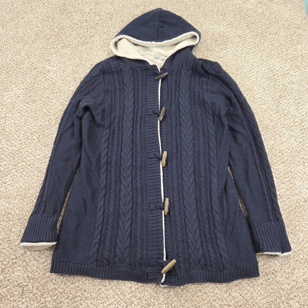 Ll Bean Womens Size L Cable Knit Toggle Hooded Cardigan Jacket Navy Blue